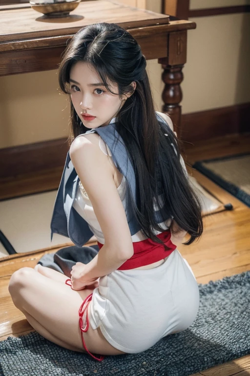 (best quality, 8K, 32K,masterpiece), (RAW photos), (Practical), (Reality:1.2), (high resolution), Extremely detailed, Pretty Face,Delicate eyes, 1 beautiful girl,Super cute face,lol,Thin waist,Small Breasts,flat chest, Slim body,(White vest:1.3),(Dark blue briefs:1.3),Medium straight hair,flat chest,Umbilical cord,stocking,(Put your hands behind your back:1.3),indoor,In the Japanese-style room,(Sitting on the floor:1.3),(From the front:1.3)