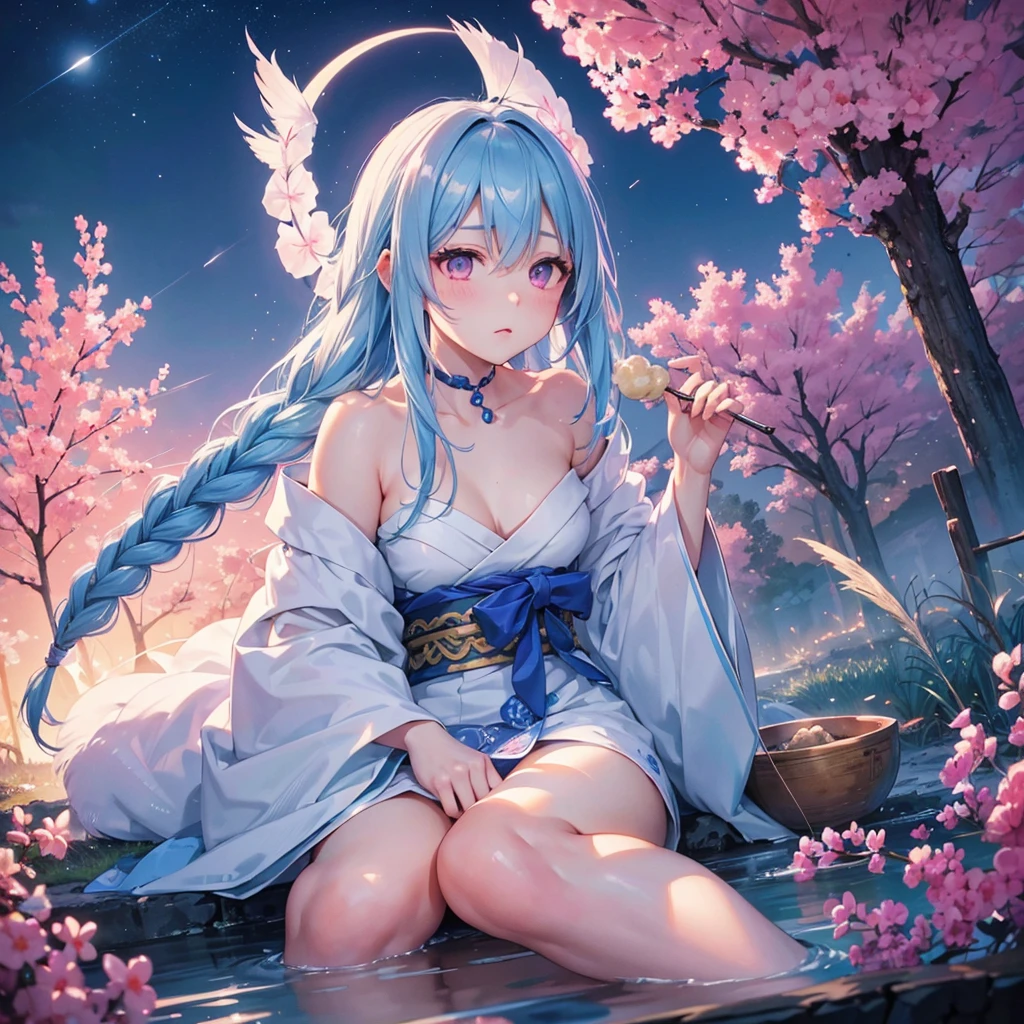 Sky blue hair, (1 braided hair), (Pink eyes),Fair skin)  ,(whole body),(One Girl),(White sweet dumplings ),Japanese pampas grass,(beautiful, Full moon shining in the night sky),(masterpiece, Highest quality, Very detailed, Best Shadow), (Detailed Background), (Beautifully detailed face), High Contrast, (Best lighting, Very delicate and beautiful), ((Cinematic Light)), colorful, Hyper Detail,8k, Dramatic Light, Intricate details,Sit down and eat dumplings