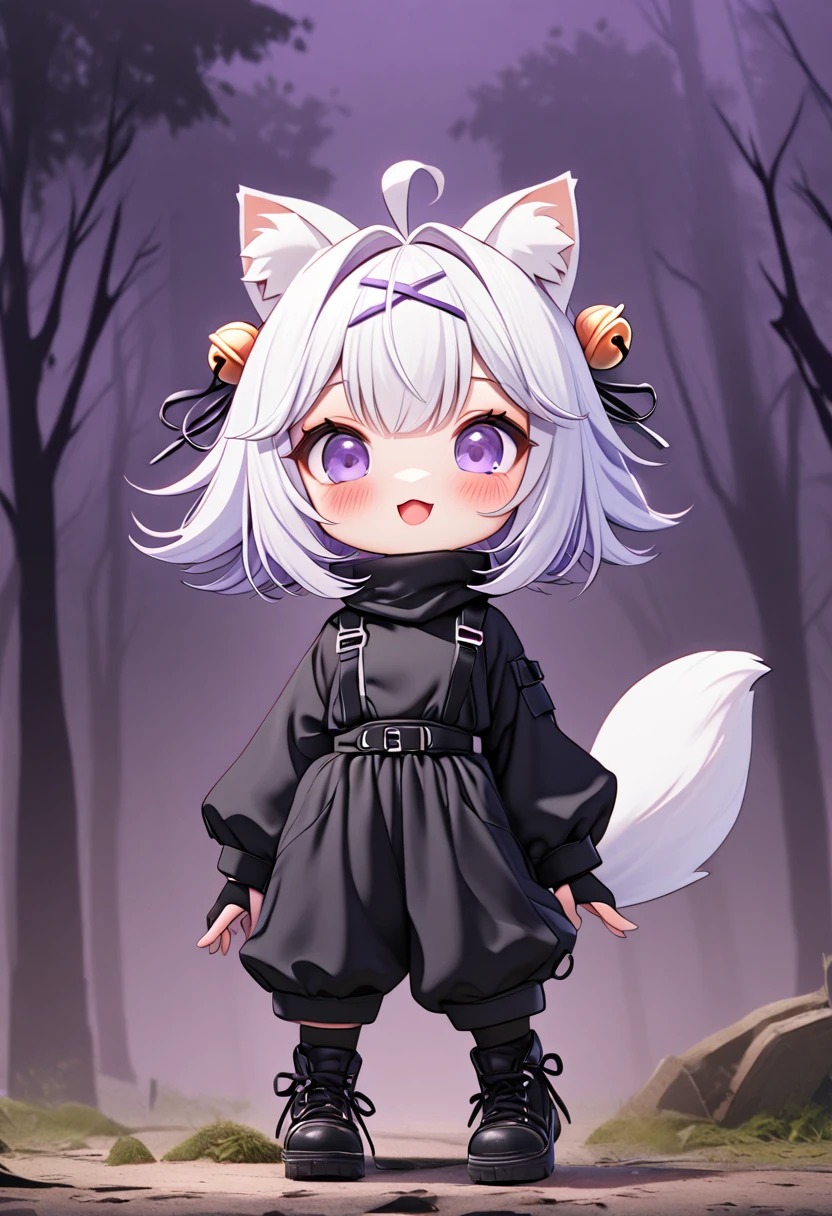 master piece, best quality, ultra-detailed, illustration, 1girl, solo, chibi, (big head), cute pose, front view, looking at viewer, ((full body Close up)), filian, filianoverall, Filiansailor, ((white hair)) , short hair, shoulder length hair, fly-away hair, bangs, (purple hair ornament:1.3), (purple hairclip:1.3), cat ears, (hair bell:1.3) ahoge, purple eyes, blush, open mouth, laughing, fluffy tail, ((ninja outfit)), black dress, long sleeves, black gloves, holding a shuriken,black pants, black shoes, spooky forest background, gloomy atmosphere, broken trees