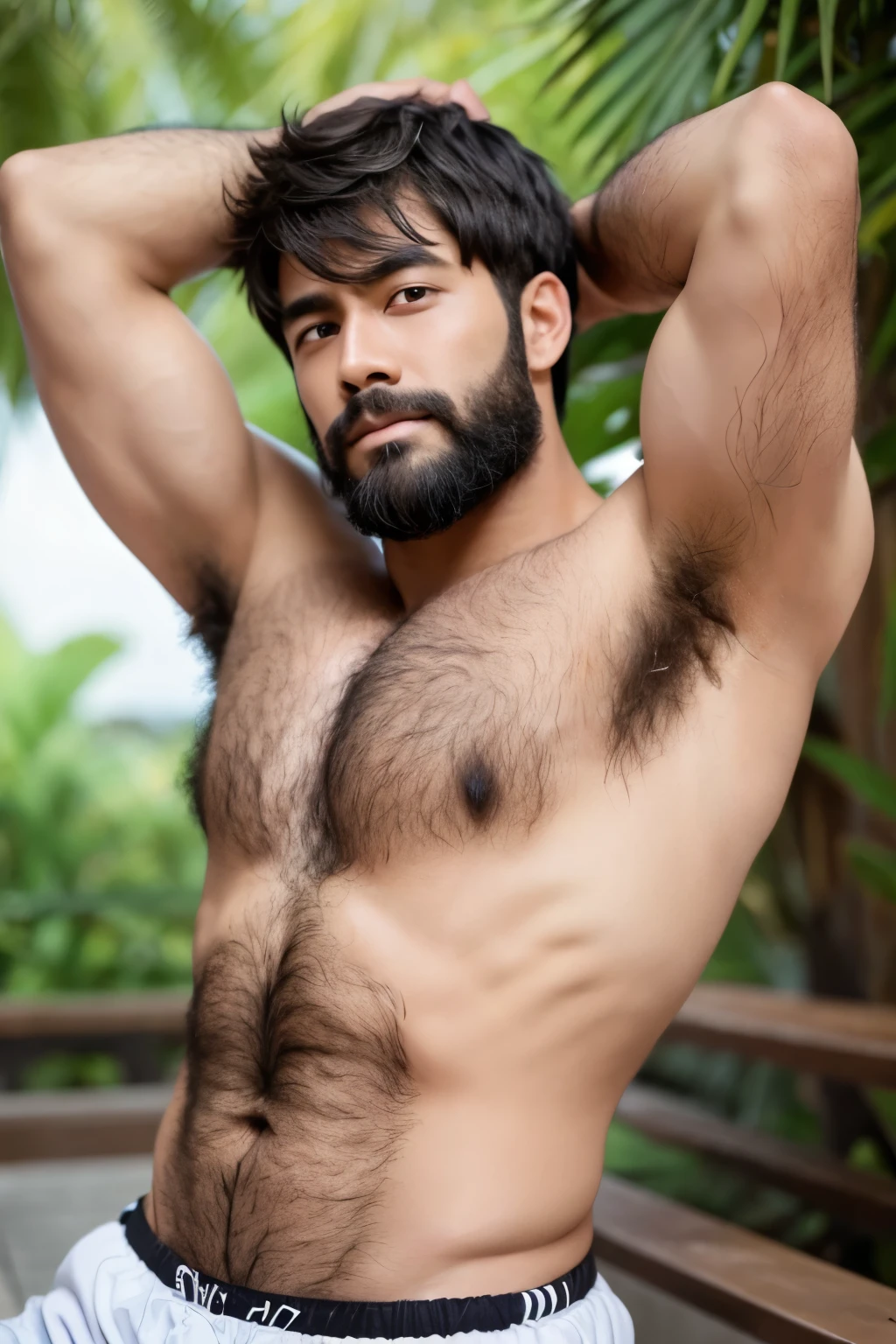 Armpit hair, Chest hair, Male, Leg hair, Short hair, Single eyelid, Muscular, Very hairy, Coarse hair, Dark skin, Bushy 