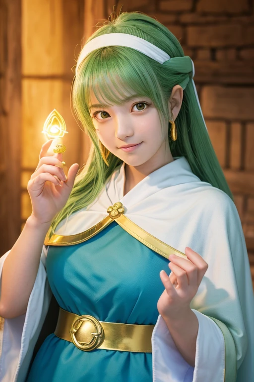 A japanese girl,(dragonquest,sage,(dq3:1.0),healing Magician,White Holy Cloth,golden head ring:1.5),beautiful detailed eyes,beautiful detailed lips,extremely detailed face and eyes,long eyelashes,cutie smile,fantasy,medieval,magic,medieval castle,landscape,art,digital painting,cinematic lighting,vibrant colors,dramatic lighting,realistic,photogenic,masterpiece,4k,best quality