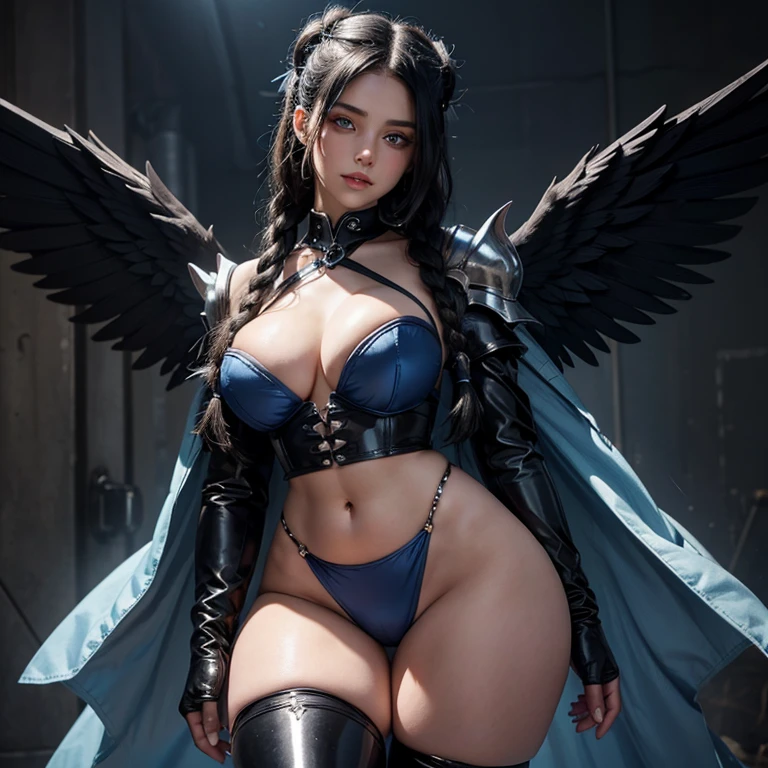 highest quality possible, masterpiece, 8k, 1 girl with a pretty and tender face, big bright eyes heterochromia, small waist, long legs with big thighs, big breasts, proportioned and aesthetic, soft breasts, big and firm glutes, long blue-black hair with braids and curly, marked abdomen, aesthetic and feminine, She wears shiny gothic blue bustier armor, black big angel wings, fallen Angel, Focus on the eyes, heterochromia eyes