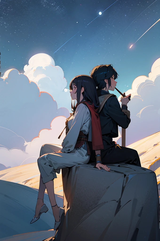 Generates a drawing of two people sitting on a mountain contemplating a starry sky under the moon