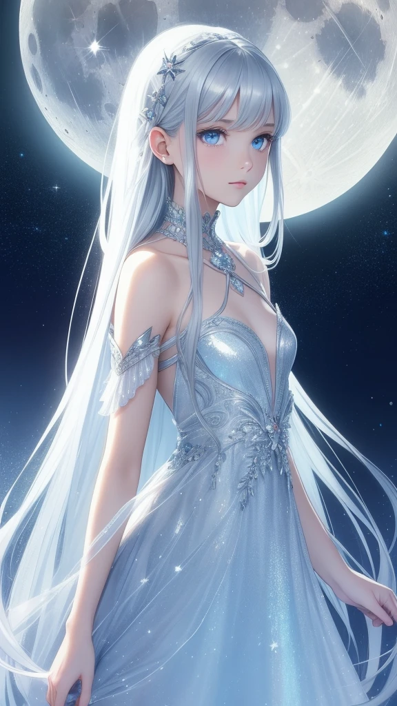 1girll, Solo, Super fine illustration, An extremely delicate and beautiful, Best quality, Silver hair, Blue eyes, Cute, Lovely, elegant, moon surface, Moonlight, Dazzling, Shining, Radiant, Sparkling, magical, Dreamy, Enchanting, Ethereal, mistic, Otherworldly, Celestial, Futuristic.