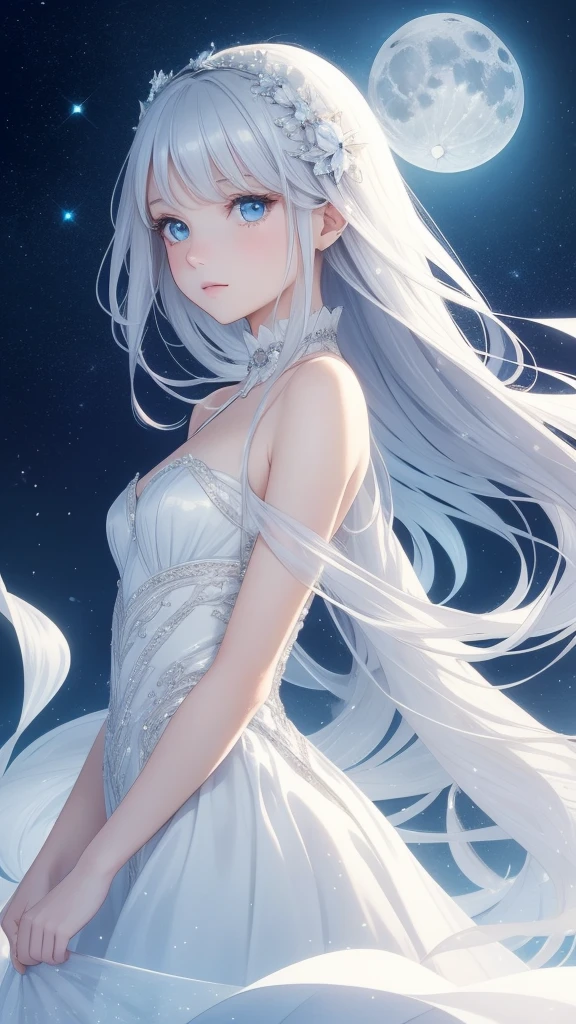 1girll, Solo, Super fine illustration, An extremely delicate and beautiful, Best quality, Silver hair, Blue eyes, Cute, Lovely, elegant, moon surface, Moonlight, Dazzling, Shining, Radiant, Sparkling, magical, Dreamy, Enchanting, Ethereal, mistic, Otherworldly, Celestial, Futuristic.