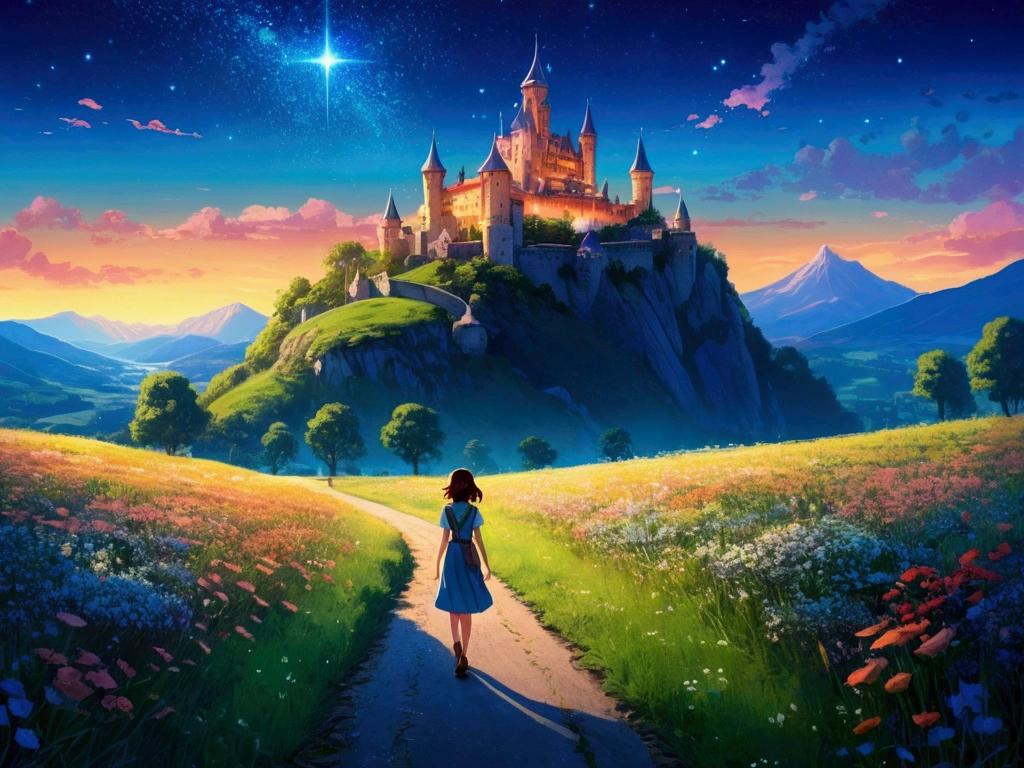 Illustration in anime style, Tranquil landscape meadow with young woman walking on the road, small shining flowers, firefly, magical lights, Overlooking the mountainous valley and the kingdom's great castle, stron clear blue sky, a few stars. Art style: Intense, rich colors are vivid. , An atmosphere filled with magical color films, high detail, best quality, 4K.
