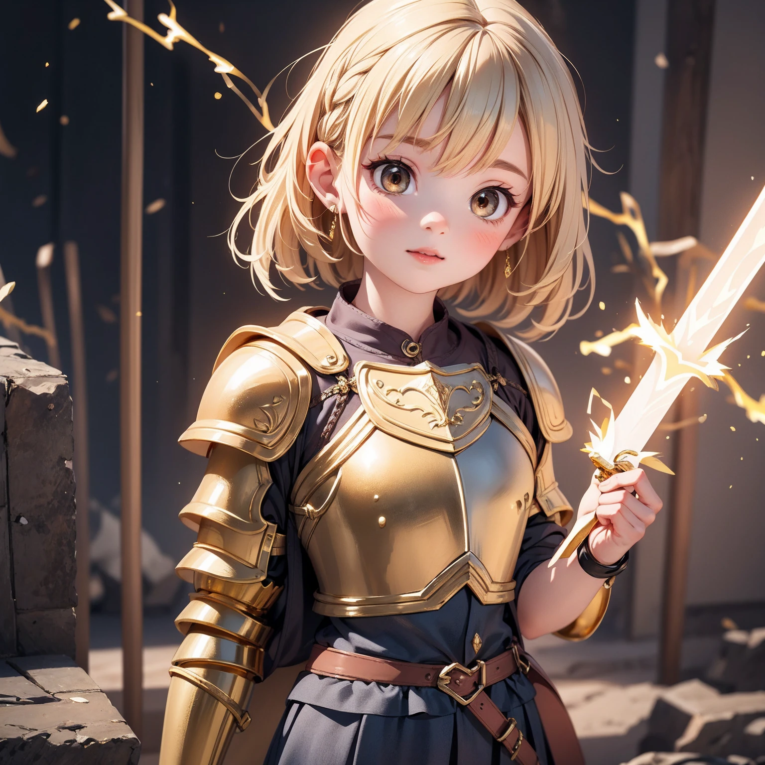 Ultra Realistic Girl, 8-year-old, Very short stature, gold hair, gold eyes, Flat Chest,sexy, gold knight armor, golden lightning sword, gold lightning,