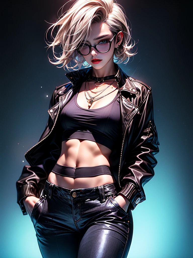 (masterpiece:1.2), best quality,midjourney,
solo, tinted eyewear, jewelry, hair ornament, looking at viewer, black background, 1girl, short hair, blue eyes, upper body, hair flower, necklace, jacket, closed mouth, floral print, bangs, blonde hair, white hair, makeup, round eyewear, piercing, Dynamic portraits, 1girl, 1woman, Japanese, A stunning intricate full color portrait of (sks woman:1), wearing a black leather jacket, biker, rocker, smoking cigarette, pants, cool girl, dark plain background, epic character composition, masterpiece, best quality, realistic, 1woman, woman focus, tall fit, cool, [thin eyebrows:0.5], smile, sexy, portrait, extremely detailed face, black hair, slim waist, slightly thin, full body, Japanese, dynamic pose, rockers, rock, guitarist, holds guitar, plays guitar rock concert, leather jacket