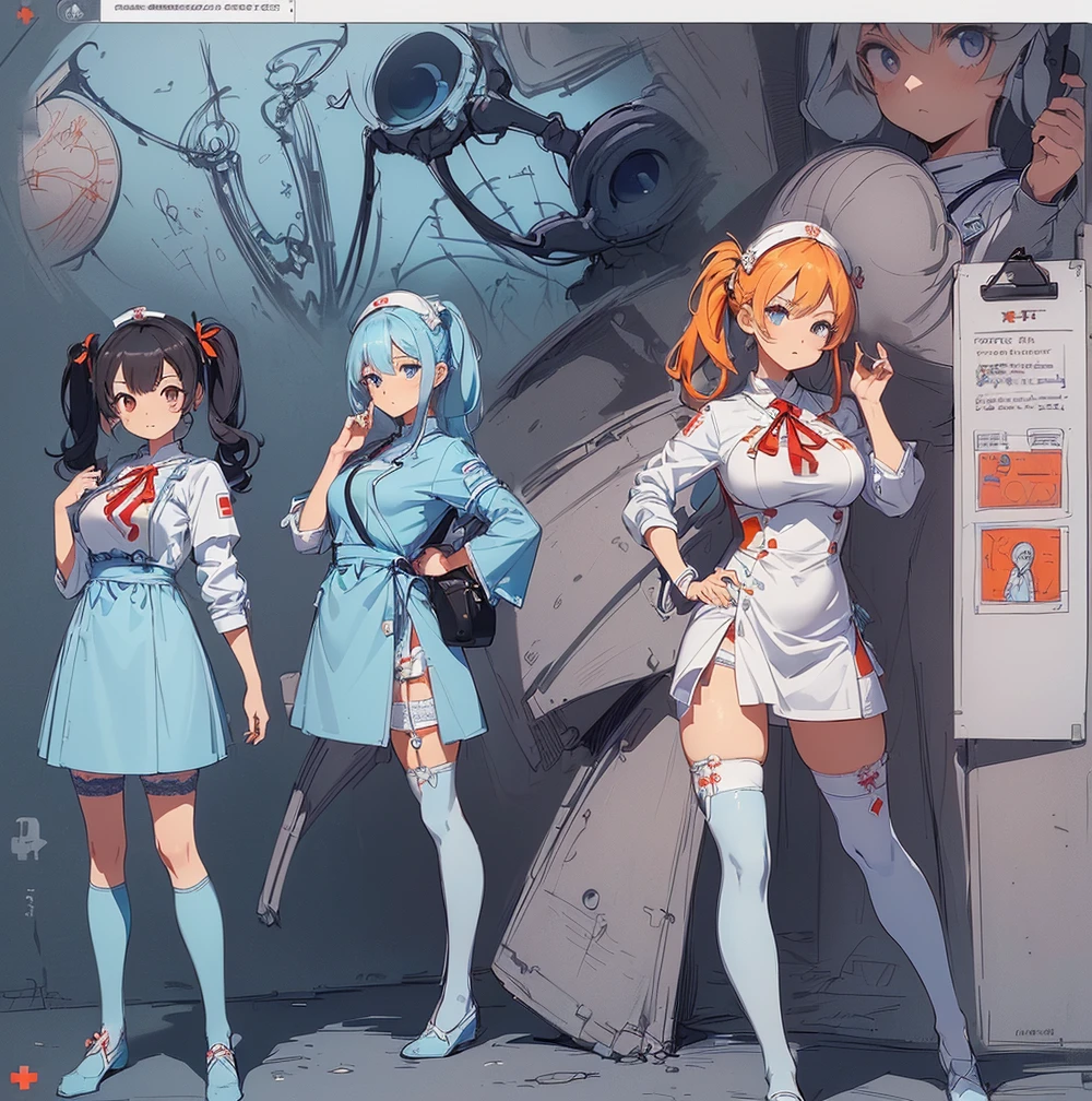 ((Masterpiece, Highest quality, Accurate, UHD)),
((character design sheet: 1.2), (Line Art), (Detailed character sheet), (anime studio style)),
((Simple background), (sketch art:1.2)),
((multiple view:1.2), (full body:1.2), (detailed face), (3 different angles), (body parts), (full esbian body), (full of details), (multiple items), (multiple poses and expressions)),
((accurate anatomy, best anatomy hands, accurate eye, best anatomy eye)),
(do not go beyond the edges of the image:1.65), (rating:safe),
1 girl, medieval character
a Nurse, Light blue and white nurse uniform, carrying a bag of medical equipment, so cute, (Orange Twintail), Stethoscope at the neck, ((Light Blue Lace stockings, Decorated with Red Cross))