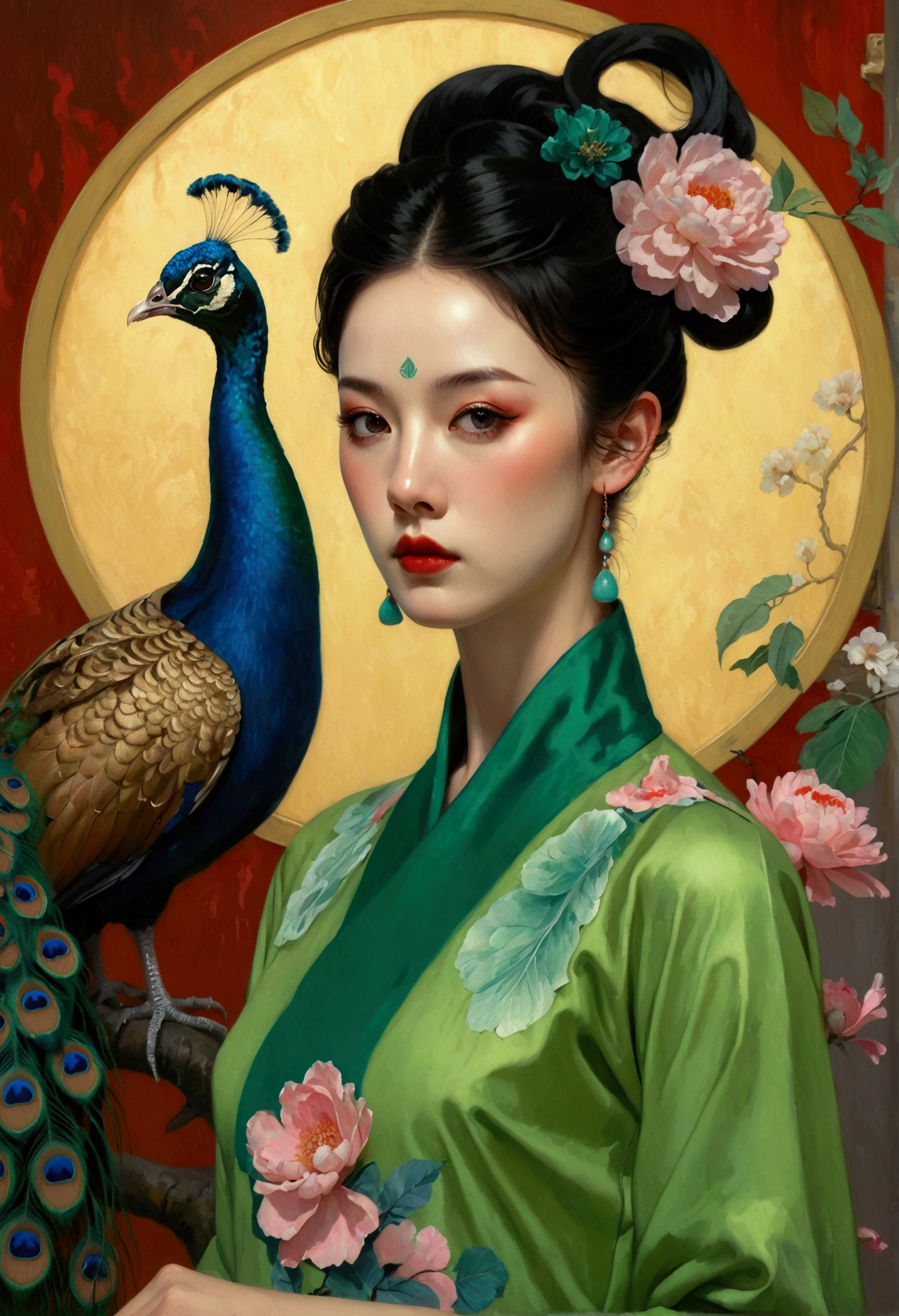 A woman in a green dress in the painting，A peacock perched on his shoulder, Tom Bagshaw Donato Giancora, Natalie Shaw Tom Bagshaw, Artgerm and Tom bAgshAw, Beautiful character painting, Artgerm Julie Bell Beeple, Chie Yoshii, Art Jam and James Jean, Art by Tom Bagsha, tom bagshaw style