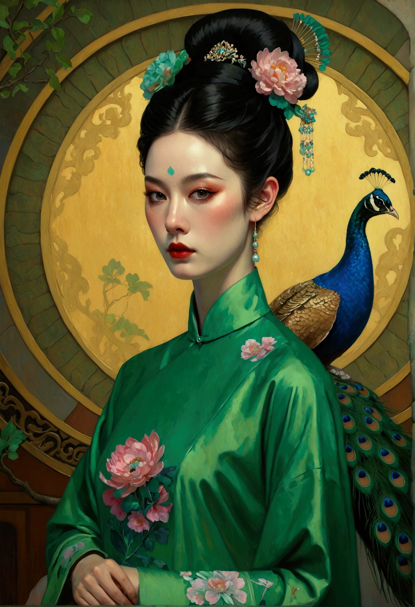 A woman in a green dress in the painting,A peacock perched on his shoulder, Tom Bagshaw Donato Giancora, Natalie Shaw Tom Bagshaw, Artgerm and Tom bAgshAw, Beautiful character painting, Artgerm Julie Bell Beeple, Chie Yoshii, Art Jam and James Jean, Art by Tom Bagsha, tom bagshaw style