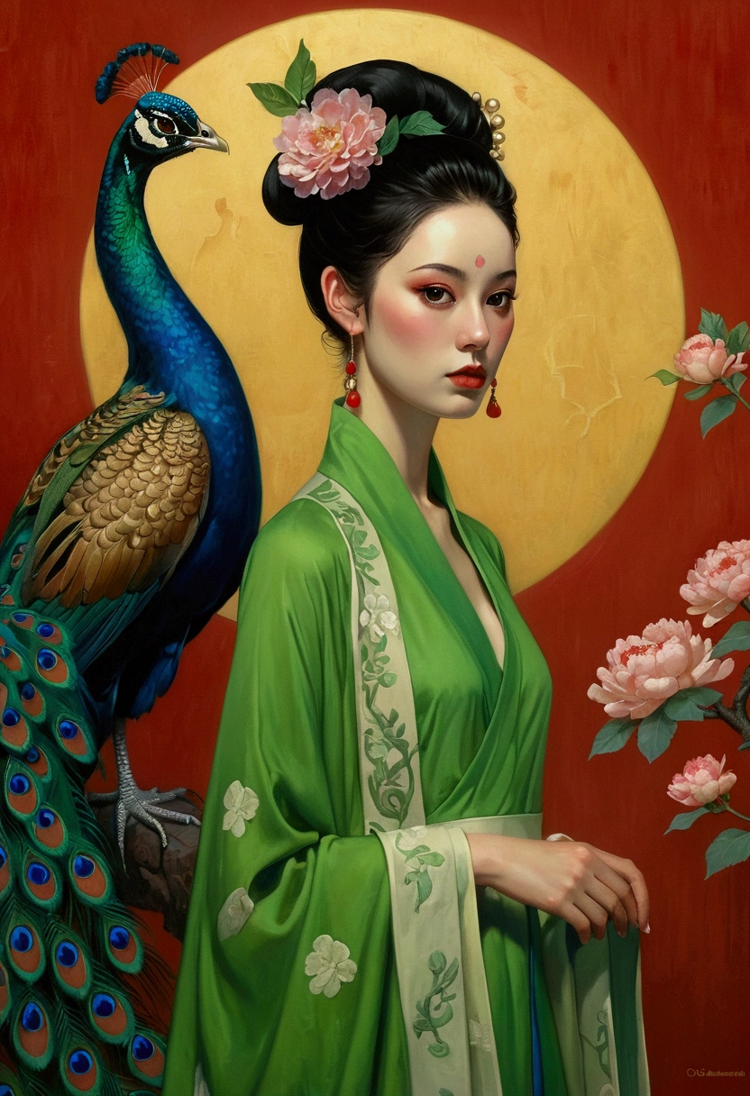 A woman in a green dress in the painting,A peacock perched on his shoulder, Tom Bagshaw Donato Giancora, Natalie Shaw Tom Bagshaw, Artgerm and Tom bAgshAw, Beautiful character painting, Artgerm Julie Bell Beeple, Chie Yoshii, Art Jam and James Jean, Art by Tom Bagsha, tom bagshaw style
