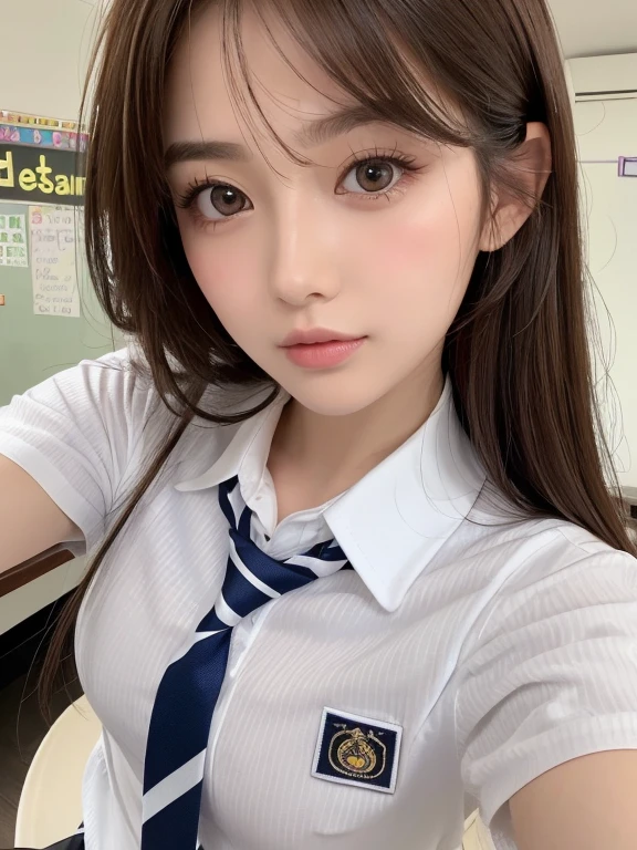 (table top:1.4, Photoreal:1.4, 8K), highest quality, masterpiece, ultra high resolution, perfect dynamic composition, big face、round face、((light brown hair, long hair, layered hair))、Highly detailed skin and facial textures:1.3, Detail of limbs, 1 girl, Cute sexy 22 year old woman, (sunburn:1.0), ((completely enchants you:0.9)), ((school uniform, white collared short sleeve shirt, Striped tie)),Medium chest, (distant eyes, beautiful eyes, brown eyes、Eyes that feel beautiful eros:0.85), sexy face:0.4, (closed mouth、small mouth、thick lips、A taste of beautiful eroticism:0.85), ((Too cute beauty:0.9))、gal makeup、((extreme close up))