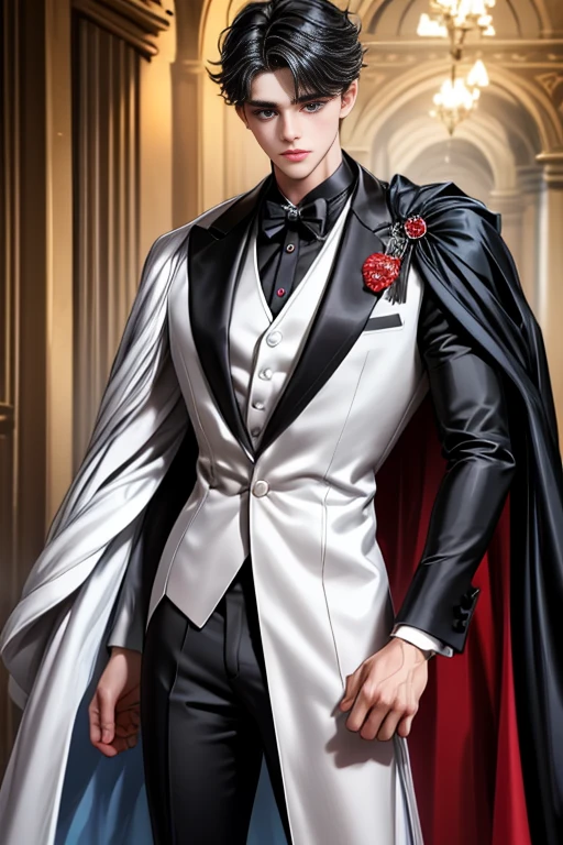 masterpiece, 最high quality, high quality, 1 boy, alone, Male focus, Watching the audience, Messy black hair, Adorable big blue eyes, White, Noble, Noble,A sexy, voluminous, puffy cape、tuxedo、A very voluminous, large, very large, very large, long, long red and black cape with a high stand-up collar, made of a lot of fabric that reaches down to the floor., 17 years old,Cute beautiful boys,Cute, cute, kind, handsome guy