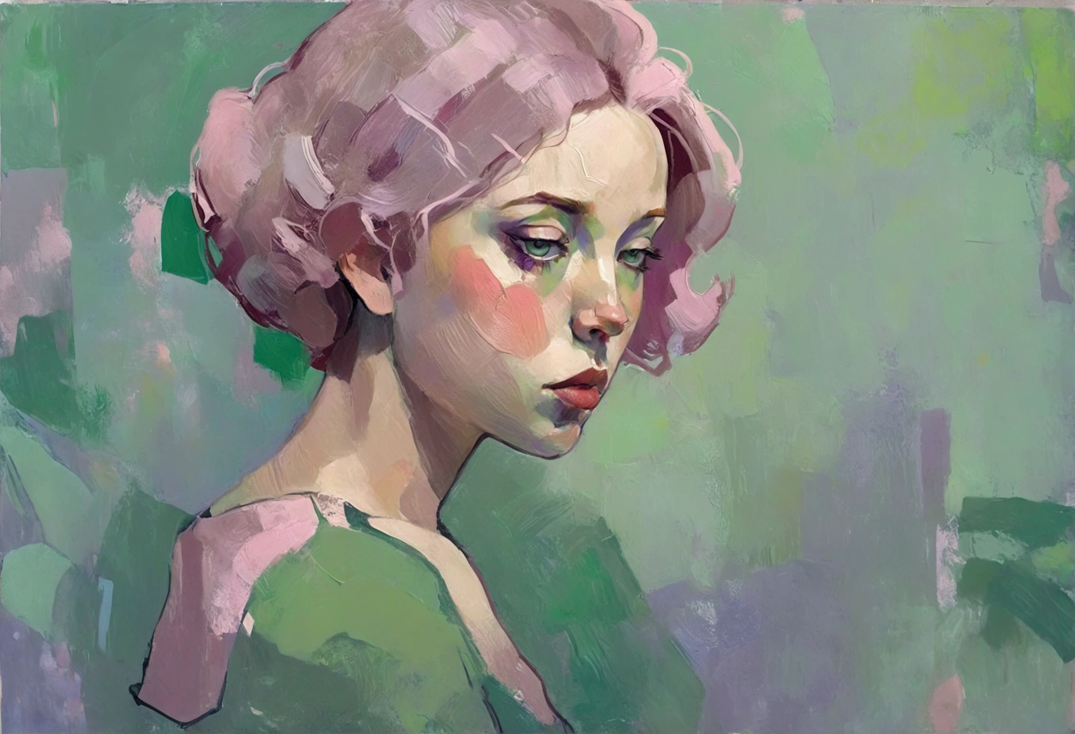 Create a portrait of a young woman in a semi-reclining pose with a pensive expression. Use a painterly style inspired by Malcolm Liepke, characterized by expressive brushstrokes and rich texture. Employ a color palette of muted greens, soft pinks, deep purples, and subtle flesh tones to evoke a sense of depth and emotion. The background should consist of abstract, textured layers in complementary colors, blending seamlessly with the figure. Pay attention to the contrast between the smooth, detailed rendering of the face and the rough, textured application of paint in the surrounding areas. Capture the delicate balance of vulnerability and strength in the subject's gaze and posture