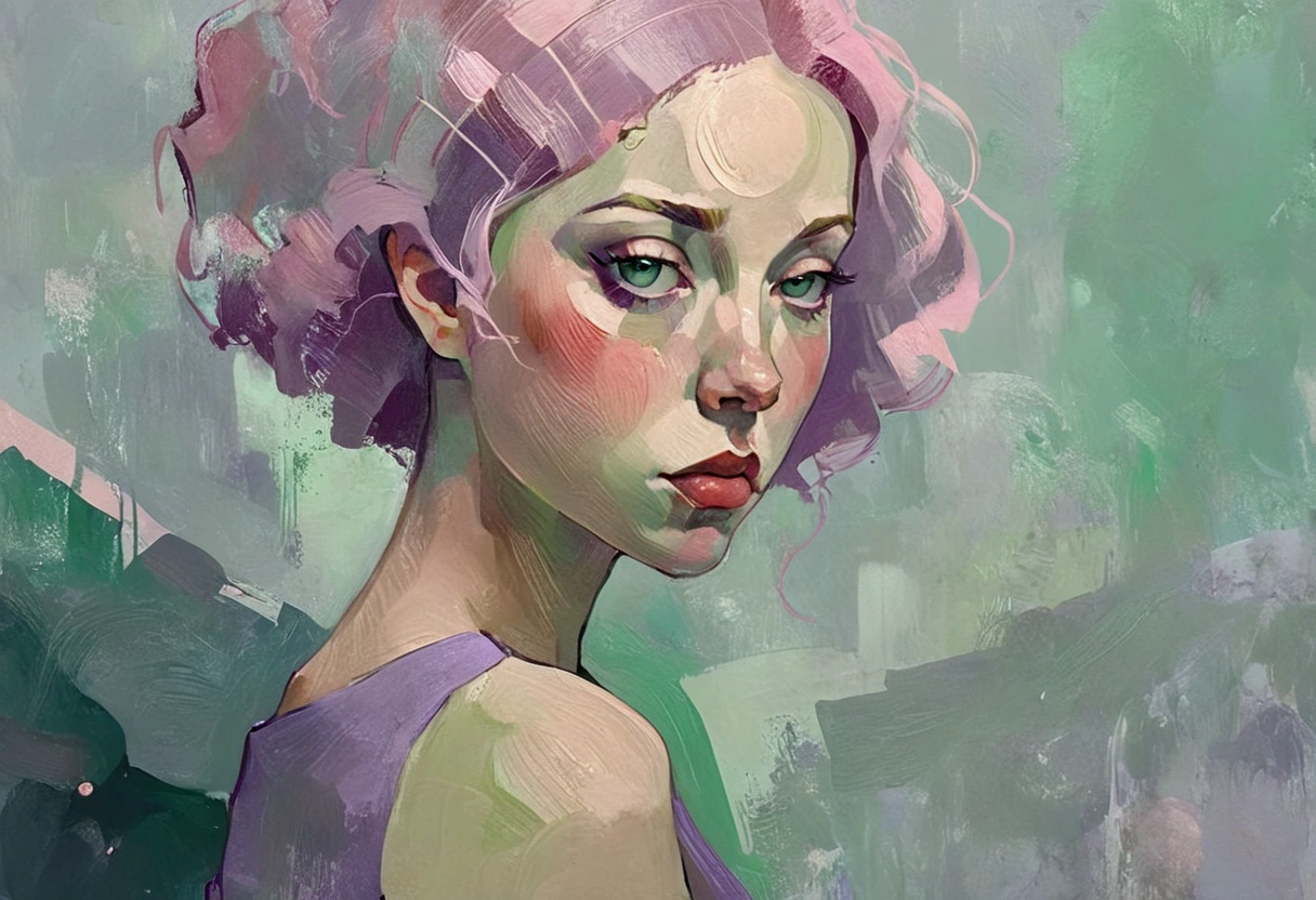 Create a portrait of a young woman in a semi-reclining pose with a pensive expression. Use a painterly style inspired by Malcolm Liepke, characterized by expressive brushstrokes and rich texture. Employ a color palette of muted greens, soft pinks, deep purples, and subtle flesh tones to evoke a sense of depth and emotion. The background should consist of abstract, textured layers in complementary colors, blending seamlessly with the figure. Pay attention to the contrast between the smooth, detailed rendering of the face and the rough, textured application of paint in the surrounding areas. Capture the delicate balance of vulnerability and strength in the subject's gaze and posture