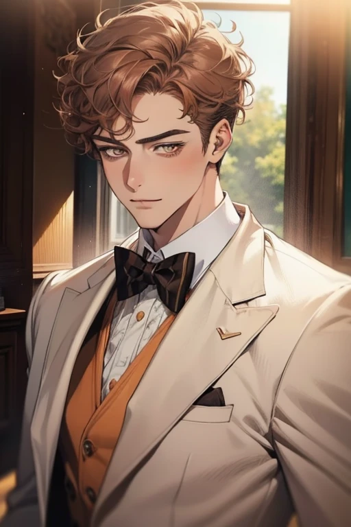 masterpiece, best quality, realistic, 1man, mature male, quiet and charming young man, 28 years old, adorable, closed mouth, portrait, extremely detailed face, soft smile, ((dark amber eyes)), ((short-sides-swept curly light brown hair)), [thick eyebrows], living-room, ((white suit))