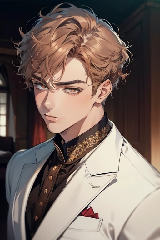 masterpiece, best quality, realistic, 1man, mature male, quiet and charming young man, 28 years old, adorable, closed mouth, portrait, extremely detailed face, soft smile, ((dark amber eyes)), ((short-sides-swept curly light brown hair)), [thick eyebrows], living-room, ((white suit))