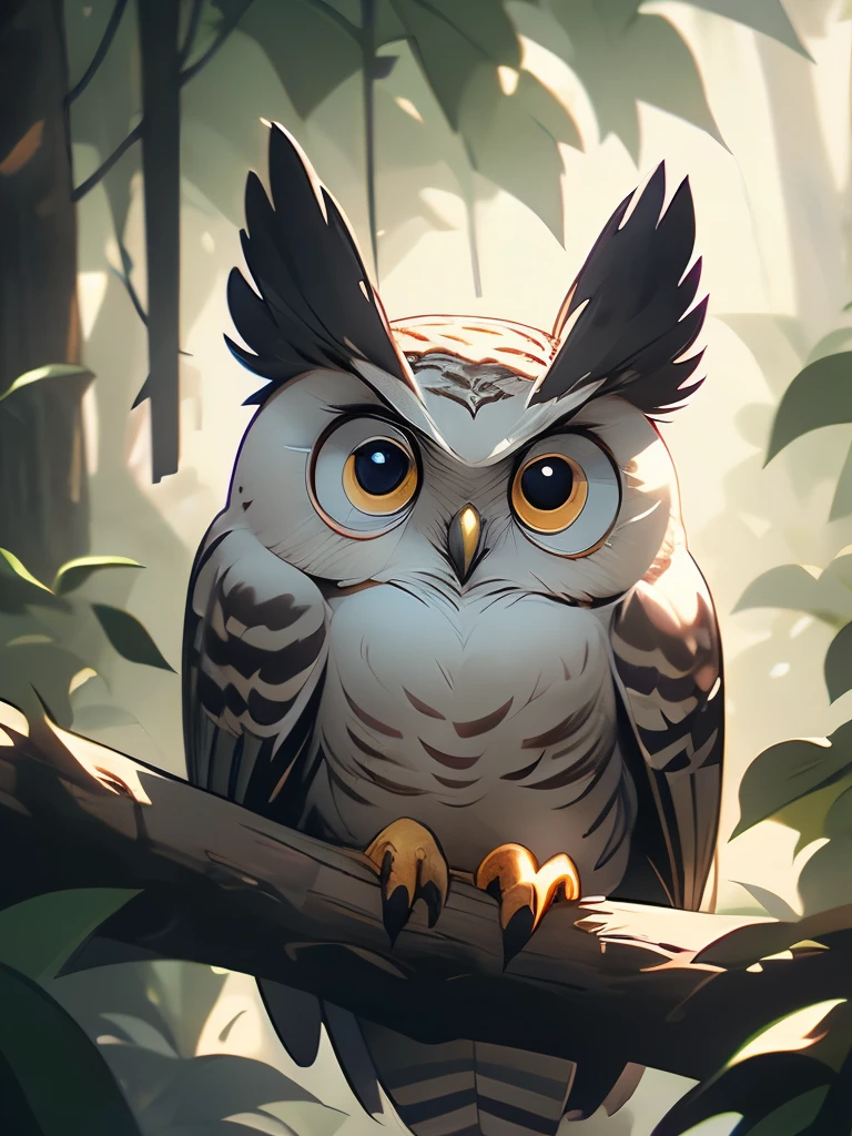 there is a owl that is sitting in a tree looking out, intense look in the eyes, staring!!!!! into the camera, big eyes!!!!!!!!, i see you, very big eyes!, the wisest of all owls, hyperdetailed!!!, very sharp and detailed photo, with a large head and big eyes, alien owl, looking surprised, eyes in the trees