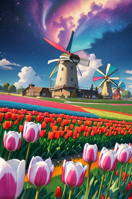 Best quality, (((colorful tulips))), fantasy, rain, anime, detailed, 8k, high quality, huge wind mill, (not lined), near future, galaxy, jungle