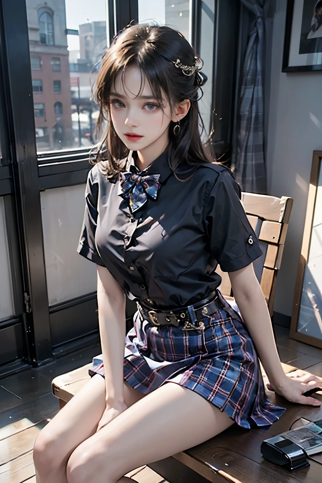 skirt,plaid necktie,belt,plaid skirt,black shirt,bowtie, ((1 girl, Elegant posture)), Natural leg proportions, Visible cleavage, masterpiece, ((Sexy long legs, Very beautiful legs)), (best quality, 4K, 8K, high resolution, masterpiece:1.2), Extremely detailed, (Practical, photoPractical, photo-Practical:1.37), Official Art, CG, Anatomically correct, Random Scenes, Random shooting angle, Movie, photography, Intricate background, Soft lighting, Subtle shadows, Vibrant colors, Expressive eyes, Beautiful, high class boutique, Ambience, A moment of honesty, Natural expression, Detailed texture, Fine details, Refined and elegant, Exquisite style, Artistic Composition, Beautifully presented.