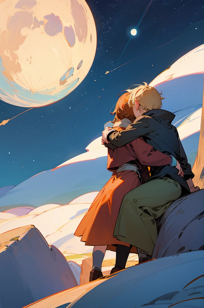 Generates a drawing of two people sitting embraced on a mountain contemplating a starry sky under the moon 