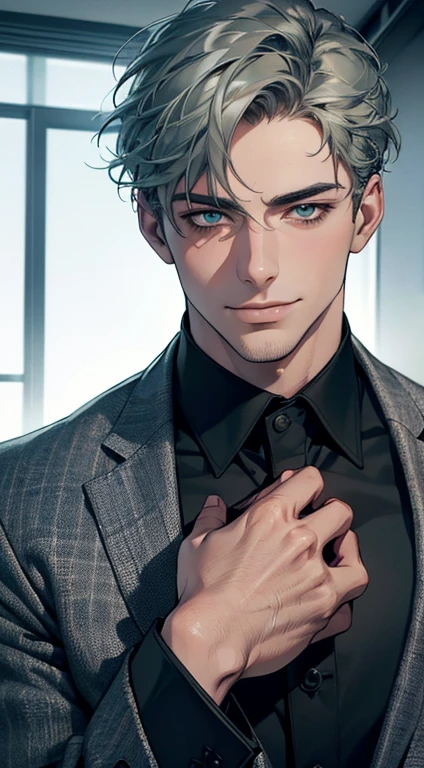 (best quality,4k,8k,highres,masterpiece:1.2),ultra-detailed,(realistic,photorealistic,photo-realistic:1.37),1 man,31 years old,mature man,very handsome,without expression,smile,short grey green hair,blue eyes,penetrating gaze,perfect face without errors,imposing posture,businessman,office background,cinematic lighting,hdr image