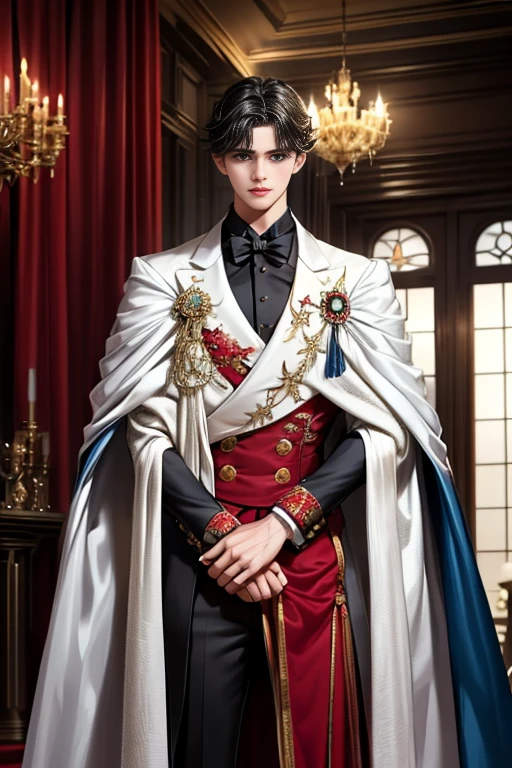 masterpiece, 最high quality, high quality, 1 boy, alone, Male focus, Watching the audience, Messy black hair, Adorable big blue eyes, White, Noble, Noble,A sexy, voluminous, puffy cape、tuxedo、A very voluminous, large, very large, very large, long, long red and black cape with a high stand-up collar, made of a lot of fabric that reaches down to the floor., ,Cute beautiful boys,Cute, cute, kind, handsome guy