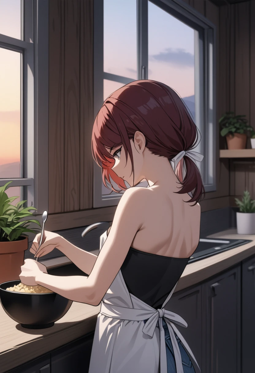 best quality, masterpiece, stoic,young woman, from behind, head tilt, looking down, upper body, close up, Gray eyes, dark red hair, swept bangs, low twin tails, white ribbons, black strapless shirt, white apron, jeans, small breasts, toned armsCooking in the kitchen, wooden walls, potted plant, window, dusk, Hold the bowl in your right hand，Hold a spoon in your left hand