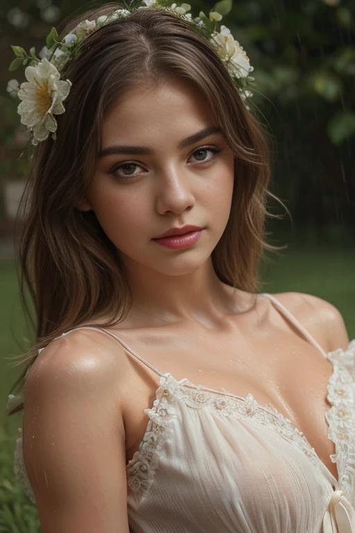 a beautiful delicate young girl,ta fashion dress,laying in the rain wet grass,sensual body,intricate detailed face,large bright eyes,long eyelashes,rosy lips,pale skin,flower crown,cinematic lighting,dramatic moody atmosphere,cinematic composition,photorealistic,highly detailed,vibrant colors,masterpiece