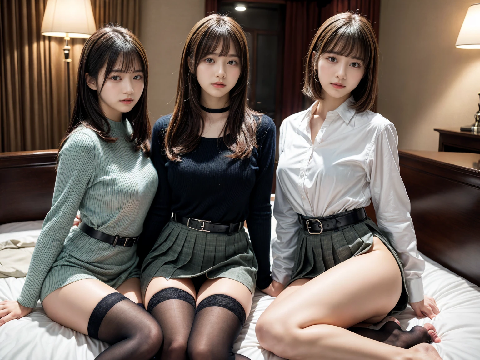 masterpiece, best quality, illustration, Super detailed, fine details, High resolution, 8K,wall paper, perfect dynamic composition,(Details High quality, realistic depiction of eyes:1.3), (2 girls), holster, bobby, Cutter shirt, a belt, suspenders, pleated skirt, garterbelts, knee high Stockings, sitting, open legs, short bob hair, in a hotel room in the background, deep on field, large breasts, black hair color, Big Natural Color Lip, (perfect body shape), crying a little、Harajuku style、20 year old girl、cute type、beautiful legs, Gravure Idol