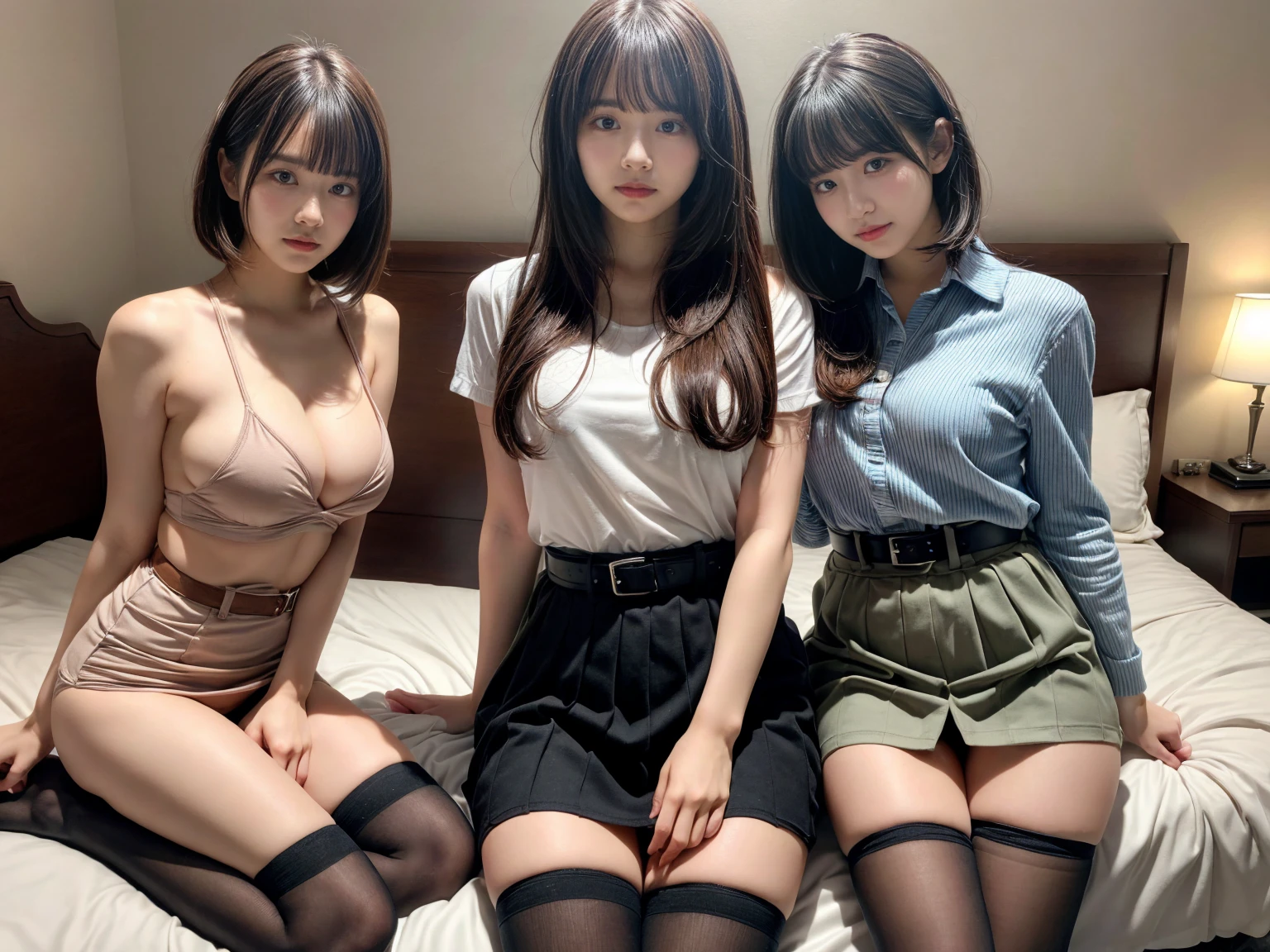 masterpiece, best quality, illustration, Super detailed, fine details, High resolution, 8K,wall paper, perfect dynamic composition,(Details High quality, realistic depiction of eyes:1.3), (2 girls), holster, bobby, Cutter shirt, a belt, suspenders, pleated skirt, garterbelts, knee high Stockings, sitting, open legs, short bob hair, in a hotel room in the background, deep on field, large breasts, black hair color, Big Natural Color Lip, (perfect body shape), crying a little、Harajuku style、20 year old girl、cute type、beautiful legs, Gravure Idol