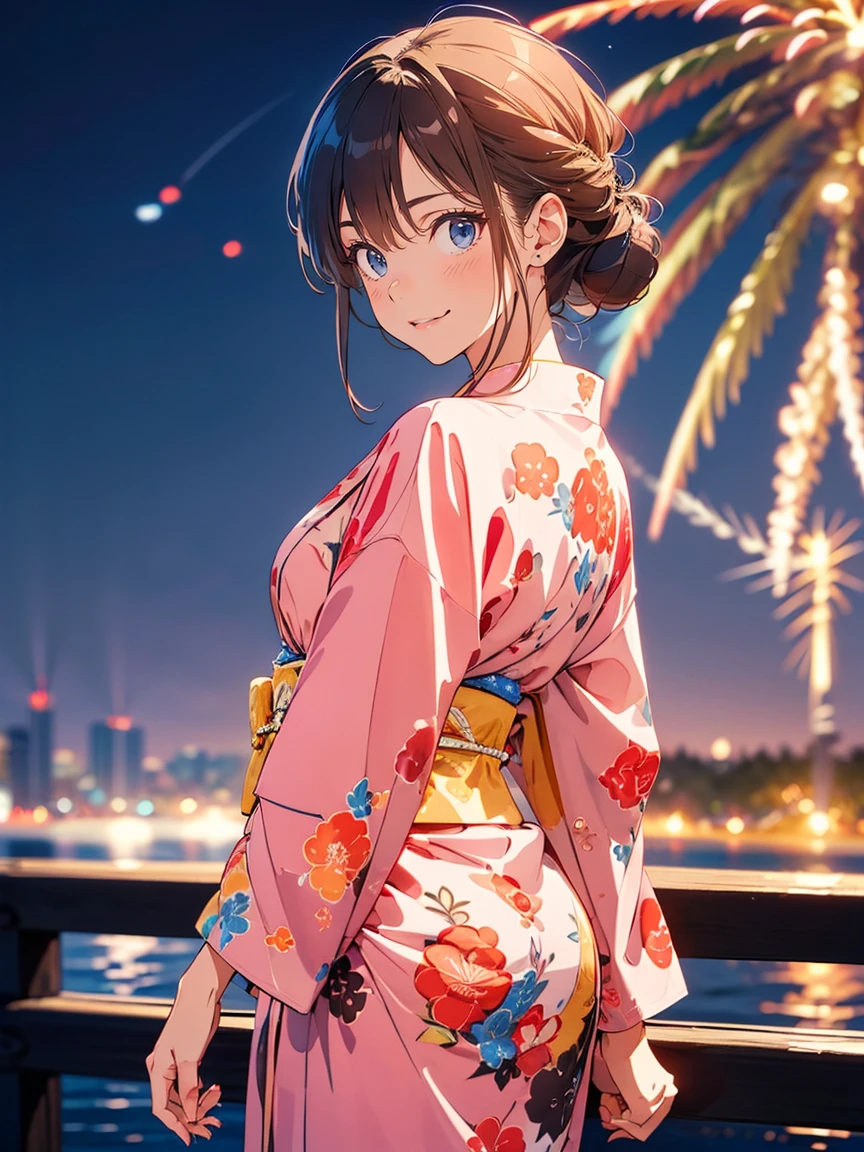 "(((a beautiful woman))), soio, masuter piece, Best quality, Elegant anime style, Outdoor bathrobes, Spectacular fireworks, Star mine with lots of fireworks, Distant shots, posterior view, Night scene, Shy smile, Bokeh effect and depth of field, High-key lights"