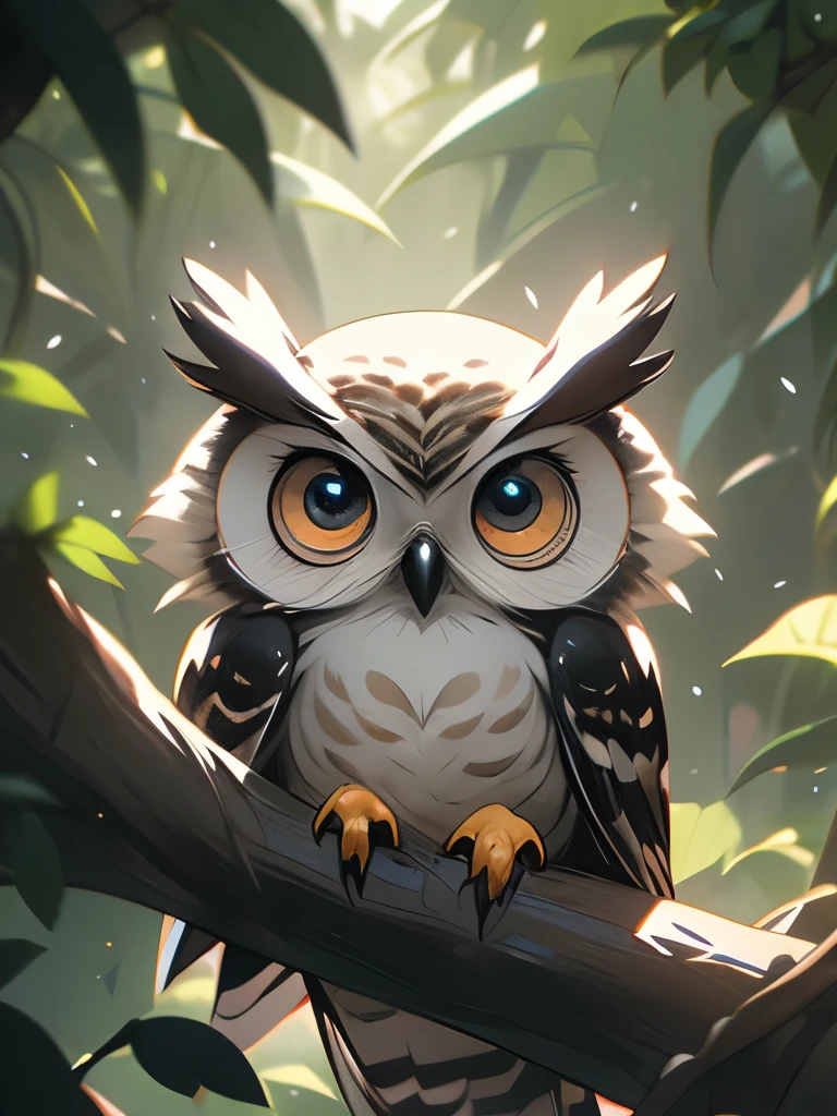 there is a owl that is sitting in a tree looking out, intense look in the eyes, staring!!!!! into the camera, big eyes!!!!!!!!, i see you, very big eyes!, the wisest of all owls, hyperdetailed!!!, very sharp and detailed photo, with a large head and big eyes, alien owl, looking surprised, eyes in the trees