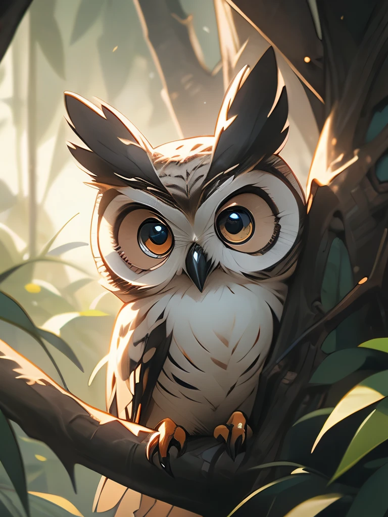 there is a owl that is sitting in a tree looking out, intense look in the eyes, staring!!!!! into the camera, big eyes!!!!!!!!, i see you, very big eyes!, the wisest of all owls, hyperdetailed!!!, very sharp and detailed photo, with a large head and big eyes, alien owl, looking surprised, eyes in the trees