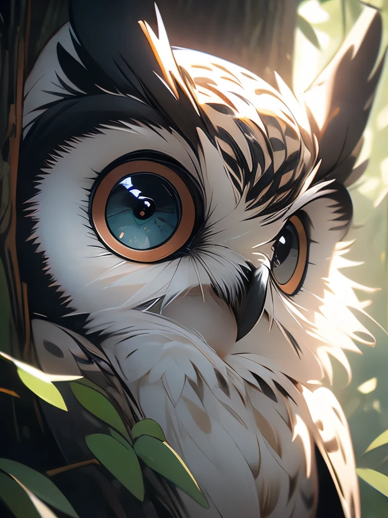 there is a owl that is sitting in a tree looking out, intense look in the eyes, staring!!!!! into the camera, big eyes!!!!!!!!, i see you, very big eyes!, the wisest of all owls, hyperdetailed!!!, very sharp and detailed photo, with a large head and big eyes, alien owl, looking surprised, eyes in the trees