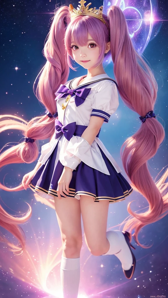 Cartoon girl in a sailor costume with a bag, style of Magical girl, Magical girl anime mahou shojo, sparkling Magical girl, My Dress Up Darling Anime, Magical girl, portrait of Magical girl, , !!Full body portrait!!, Cute anime character design, Yami cute, Official character art, Twin tails, Hair color is golden、Purple crown on head