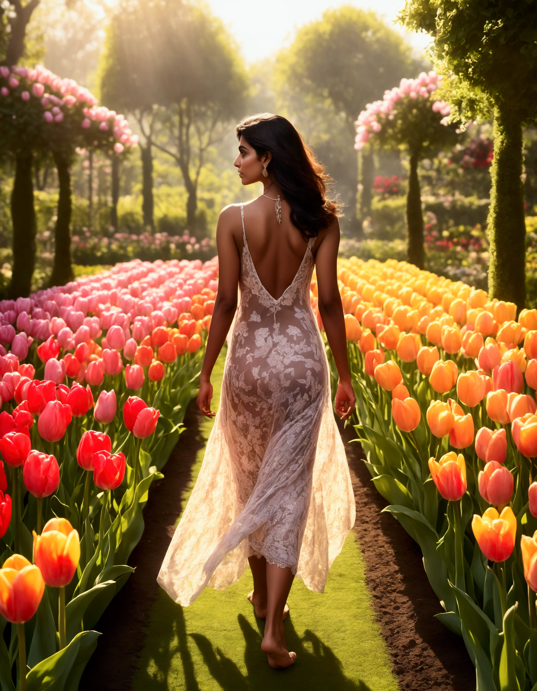 female Desi supermodel, age 25, sheer summer dress (back exposed) no underwear, barefoot, back to viewer, she is walking through a flower garden with many varieties of tulip, early morning
