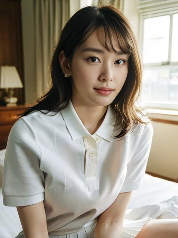 (Masterpiece, Best quality: 1.4), (Ultra realistic, Photo-realistic: 1.2), From above, From side, Sitting, Looking at viewer, Natural light, 28 years old actress, Japanese women, Neat and clean, ((Wearing white tennis uniform, White short-sleeve polo shirt, Not buttoning the polo shirt, White pleated tennis skirt: 1.3)), (Wearing white sock: 1.2), (Ponytail: 1.2), (Beautiful face), Oval face, clear, Beautiful eyes, Kind eyes, Clear skin, Small face, Beautiful mouth, Small mouth, Natural makeup, Approachable, Seductive smile, (Seductive pose: 1.4), (Beautiful thighs: 1.2), (Bedroom eyes: 1.1), Embarrassed, Blush, Luxury hotel Suite room, On bed,