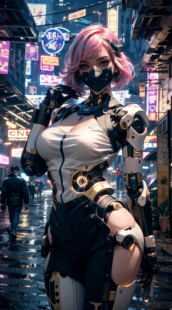 masterpiece, maximum quality, ultra high resolution, 8k, a girl,beauty,21years old,fair skin, extremely beautiful,strong gaze, alone,bust portrait,cyberpunk outfit, extremely detailed face, detailed eyes, mischievous smile, cheerful, realistic photo, totally realistic, human pelle, studio lighting,golden ratio body, wide hips,perfect legs, big ass,pink hair,blunt bangs,blue and white clothing,D-cup breasts,in the cyberpunk city,cyberpunk city background,((night)),rain,tattoos,Combat posture,((cyborg)),((Mechanical mask)),holding a pistol