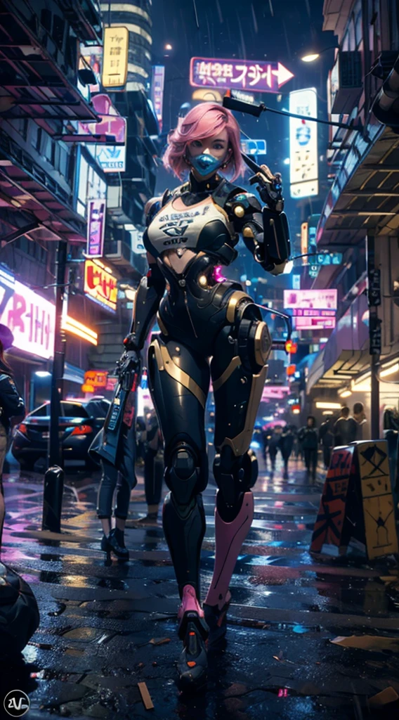 masterpiece, maximum quality, ultra high resolution, 8k, a girl,beauty,21years old,fair skin, extremely beautiful,strong gaze, alone,bust portrait,cyberpunk outfit, extremely detailed face, detailed eyes, mischievous smile, cheerful, realistic photo, totally realistic, human pelle, studio lighting,golden ratio body, wide hips,perfect legs, big ass,pink hair,blunt bangs,blue and white clothing,D-cup breasts,in the cyberpunk city,cyberpunk city background,((night)),rain,tattoos,Combat posture,((cyborg)),((Mechanical mask)),holding a pistol