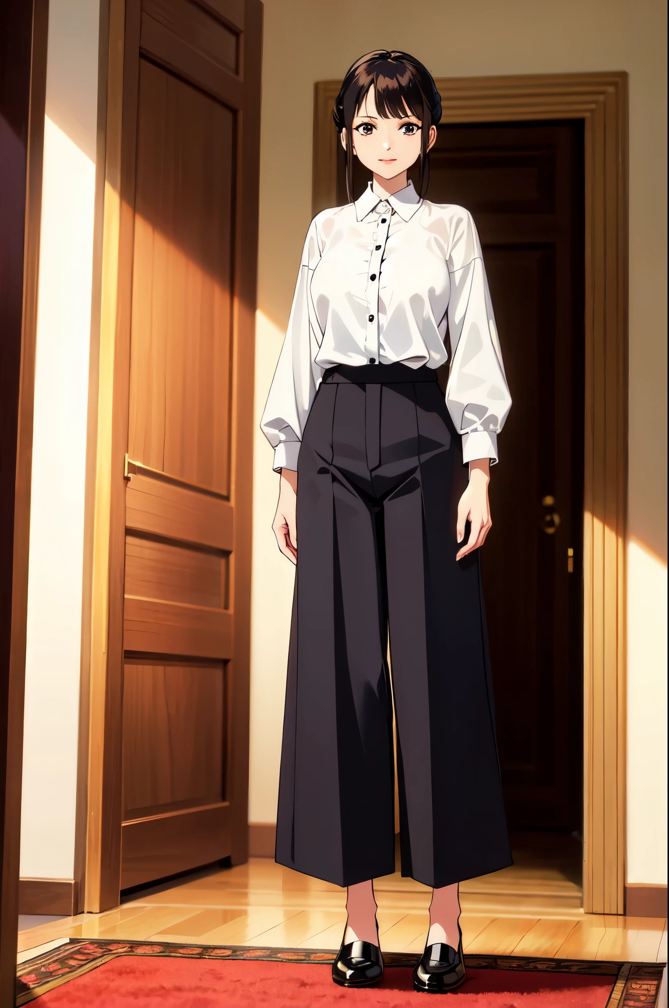 masterpiece, 32K, extremely detailed, finely detail, intricate details, 
BREAK
(absurdres:1.1, highres:1.1, ultra detailed:1.1),
insanely detailed, absurdres, 
(high resolution:1.1, ray tracing:1.1, refraction:1.1)
(独奏:1.3), ((45-year-old woman))
BREAK
perfect symmetrical face, ((Wide-leg trousers)),
BREAK
(((full body))), standing, 
BREAK