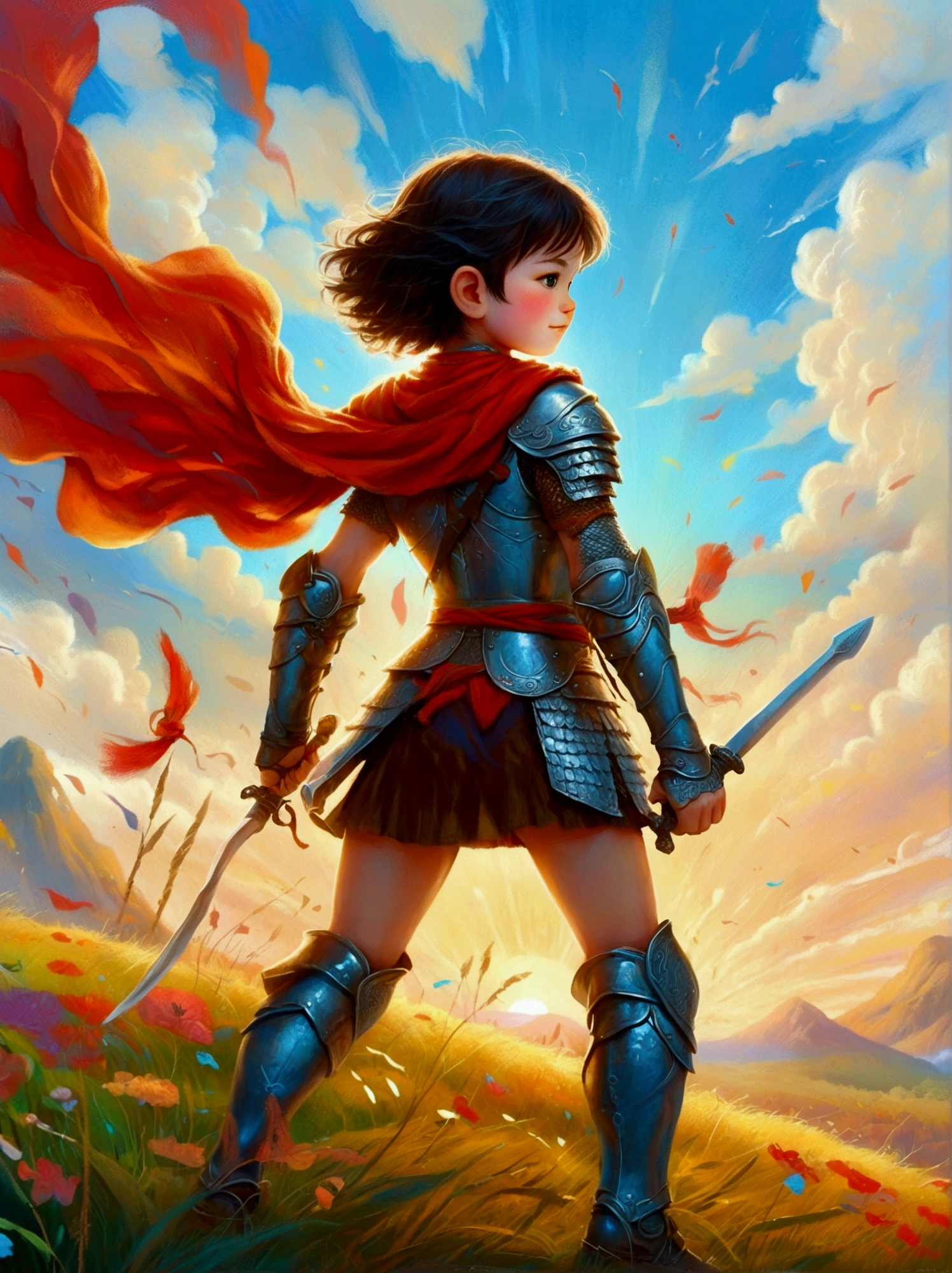 Create a digital painting that portrays a brave warrior, symbolizing the battle of health. Use bold and vibrant colors to enhance the whimsical and vivacious feel, typical of children's design. The warrior should be seen in dynamic poses, drawing inspiration from comic books. The painting should embody the essence of perseverance and strength with energetic brushstrokes. Remember to capture the child-friendly design and translate it into the language of a brave warrior fighting their battle, thus making health an accessible concept to the young.