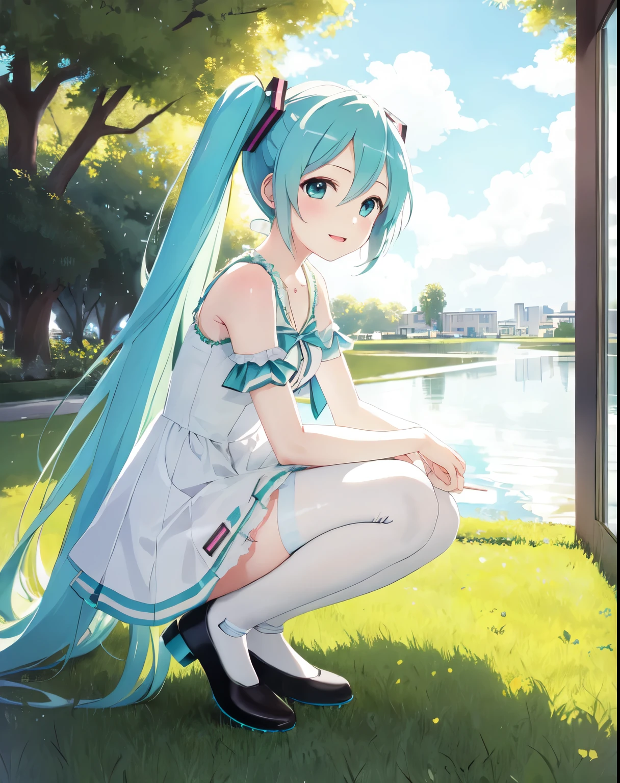 masterpiece, best quality, 1girl, hatsune miku, peeing on a doll