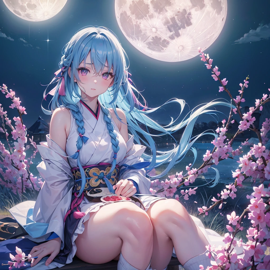 Sky blue hair, (1 braided hair), (Pink eyes),Fair skin)  ,(whole body),(One Girl),(White sweet dumplings ),Japanese pampas grass,(beautiful, Full moon shining in the night sky),(masterpiece, Highest quality, Very detailed, Best Shadow), (Detailed Background), (Beautifully detailed face), High Contrast, (Best lighting, Very delicate and beautiful), ((Cinematic Light)), colorful, Hyper Detail,8k, Dramatic Light, Intricate details,Sit down and eat dumplings