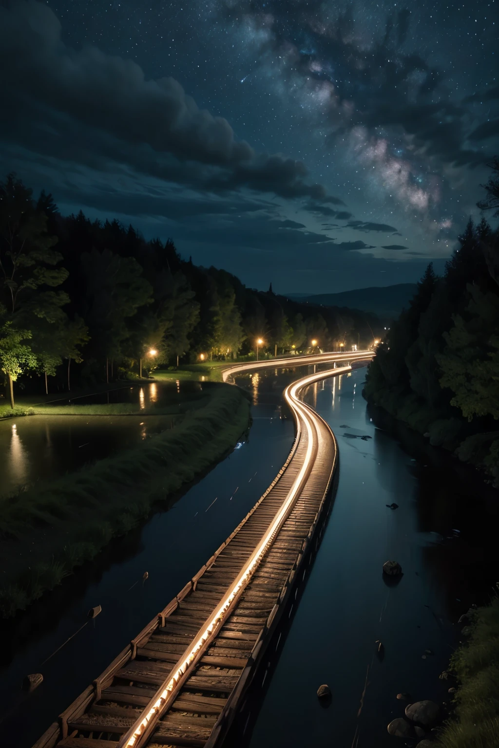 Meandering river under night sky with rain