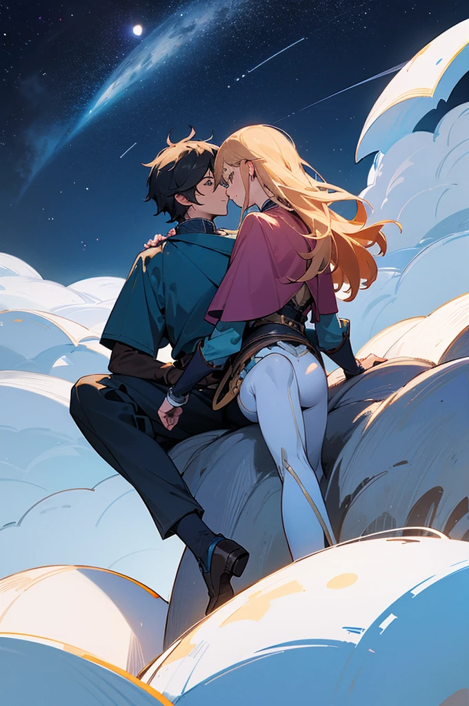 Generates a drawing of two people sitting embraced on a mountain contemplating a starry sky under the moon 