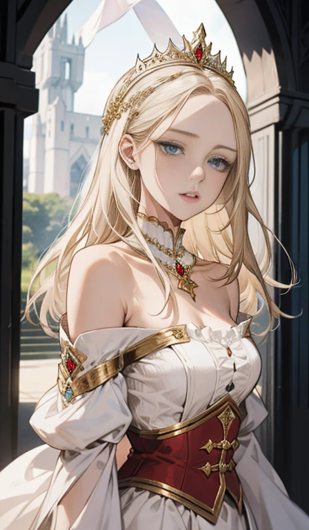 Fantasy, 19th century, empress, woman, delicate face, pale blonde hair, blue eyes, in a white royal dress with open shoulders, gold patterns on fabric, crystal jewelry, with a scarlet ribbon over the shoulder with the regalia of the monarch, Gothic castle made of white stone on the background, light, day, hd