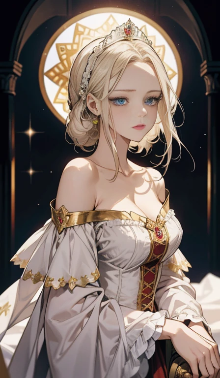 Fantasy, 19th century, empress, woman, delicate face, pale blonde hair, blue eyes, in a white royal dress with open shoulders, gold patterns on fabric, crystal jewelry, with a scarlet ribbon over the shoulder with the regalia of the monarch, Gothic castle made of white stone on the background, light, day, hd