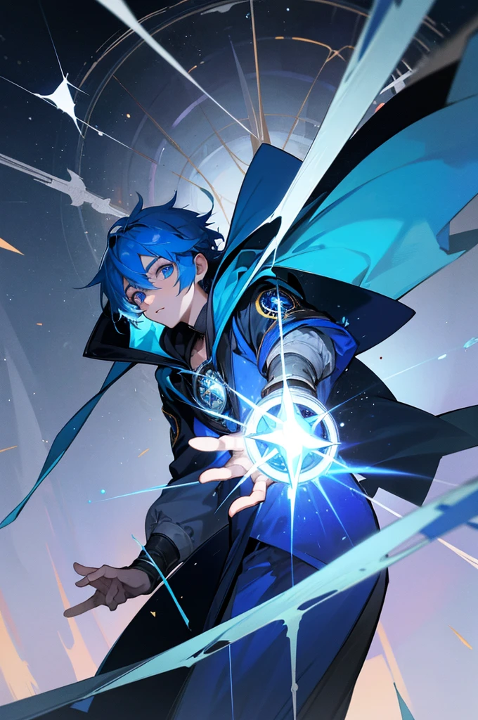 A young man with blue hair and blue eyes, wearing a blue hooded robe, background, broken window glass, asteroid belt, supernova explosion in his hand, giant compass behind him, upside down